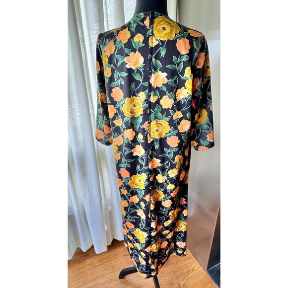 Vintage 80s housedress, black, bold orange, green floral, long sleeves, granny - Picture 4 of 7